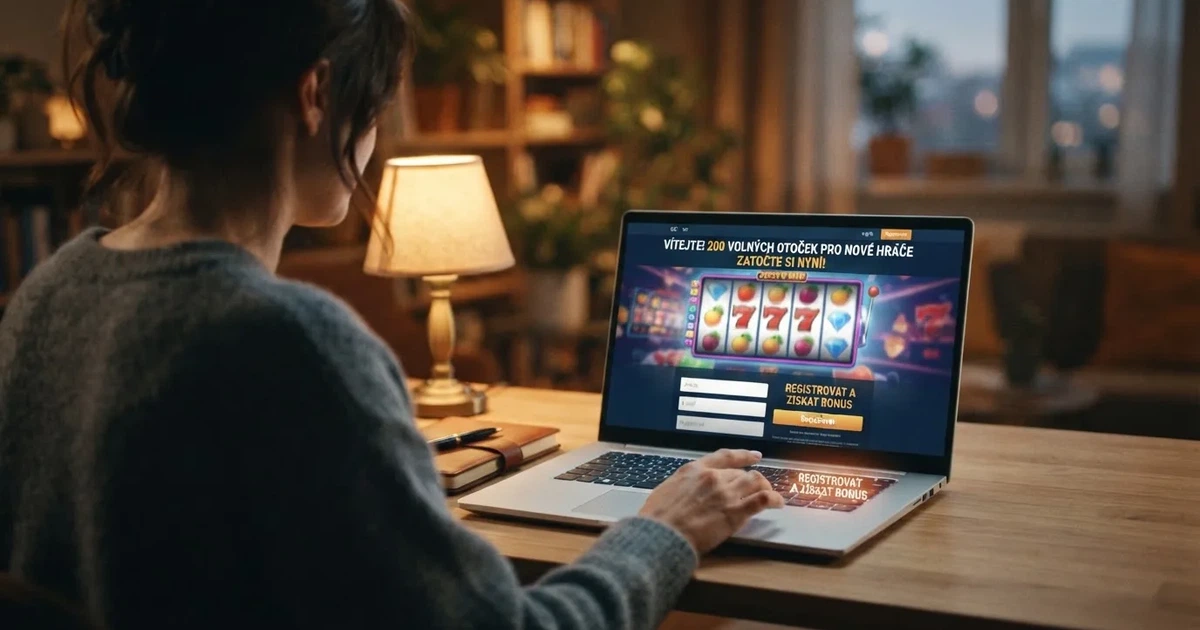 Hráč kliká na tlačítko registrace v online casinu, na obrazovce svítí nabídka volných otoček zdarma, vedle vidět automat s roztočenými válci