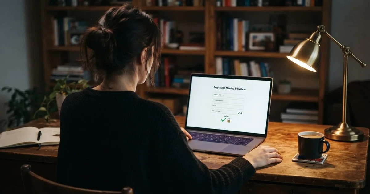 Hráč u obrazovky počítače si prohlíží registrační formulář českého online casina s vyobrazeným zámkem a symbolem ověření.