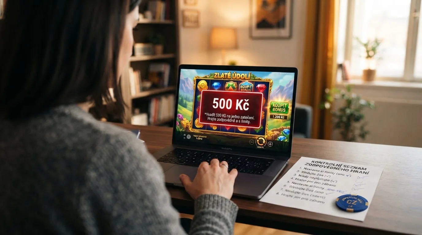 Úřední dokument s logem Ministerstva financí ČR vedle obrazovky automatu s vyznačeným limitem sázky 500 Kč