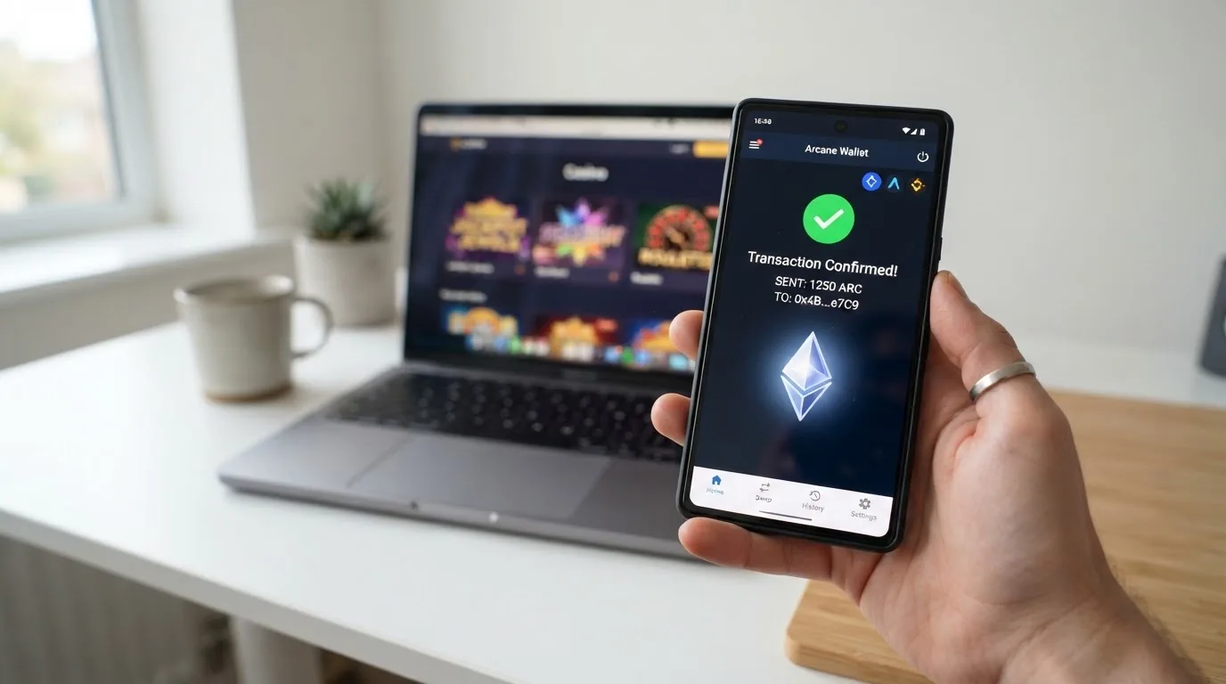 Obrazovka mobilní peněženky s potvrzením transakce etheru směrem k logu online casina, v popředí ikony sítí Ethereum, Arbitrum a Base