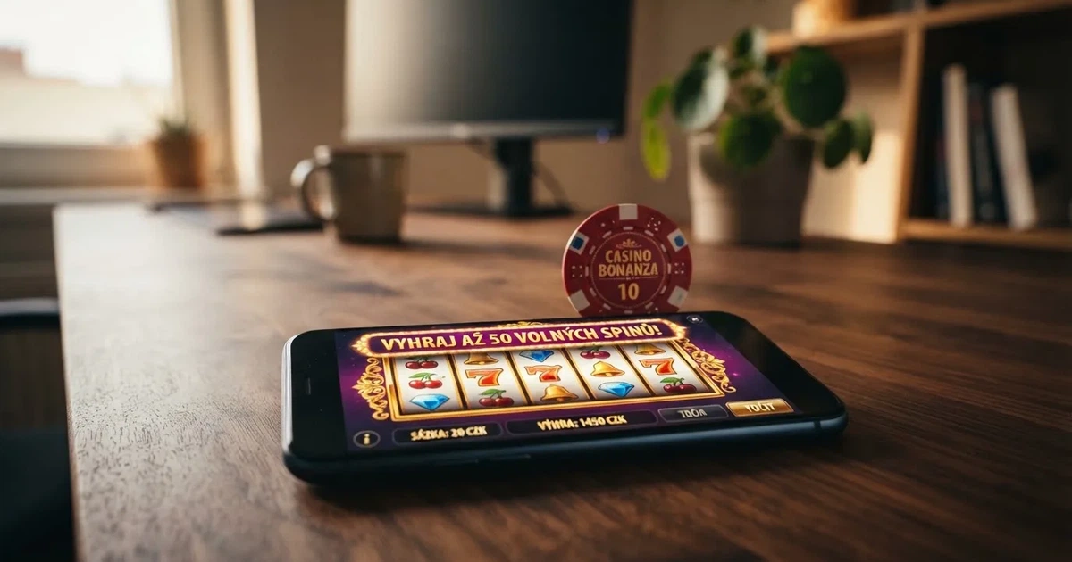 Online casino s nabídkou volných otoček na obrazovce počítače, vedle něj symbolika české koruny