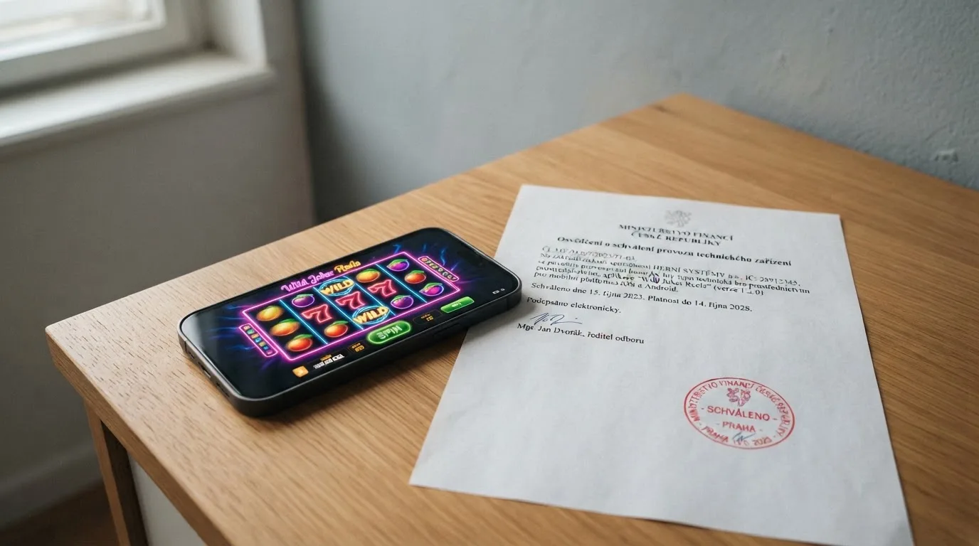 Úřední dokument s razítkem MF ČR vedle obrazovky s automatem — symbolické propojení regulace a herního průmyslu.