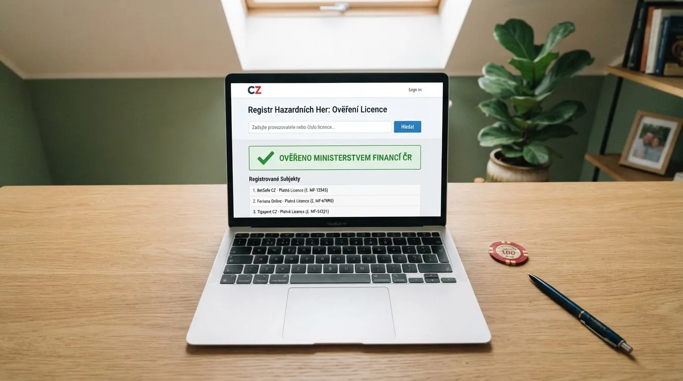 Úřední dokument s logem Ministerstva financí ČR a razítkem, vedle něj obrazovka s rozhraním pro ověření licence online casina