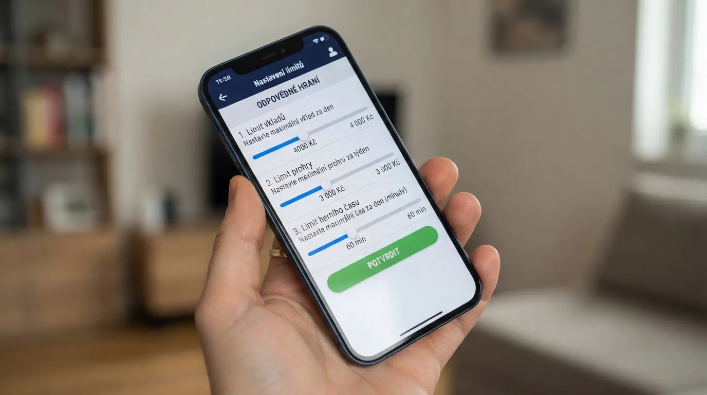 Obrazovka mobilního telefonu s nastavením herních limitů — posuvníky pro vklad, prohru a čas