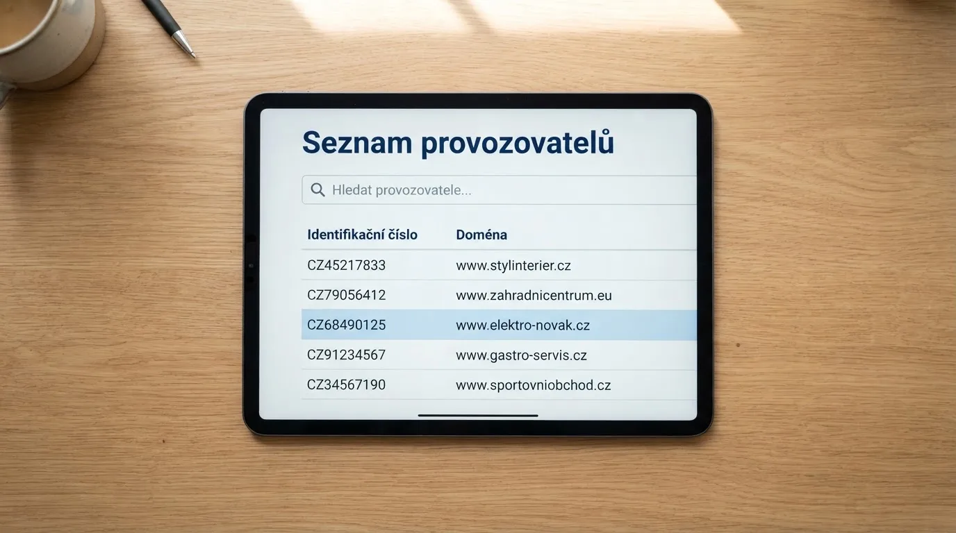 Detail obrazovky s vyhledáváním v Seznamu provozovatelů hazardních her MF ČR, zvýrazněné IČO a doména operátora