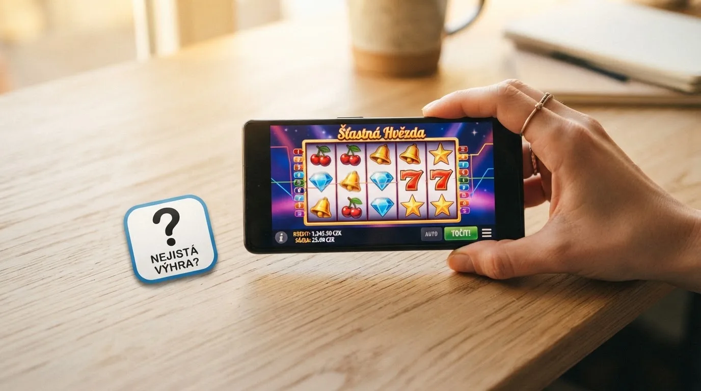 Mobilní telefon držený na šířku s otevřeným webovým prohlížečem, ve kterém běží slot — vedle něj ikona casino aplikace s otazníkem