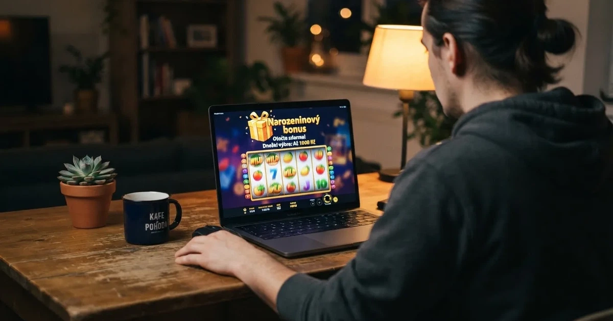 Hráč otevírá dárek s nápisem narozeninový bonus na obrazovce online casina