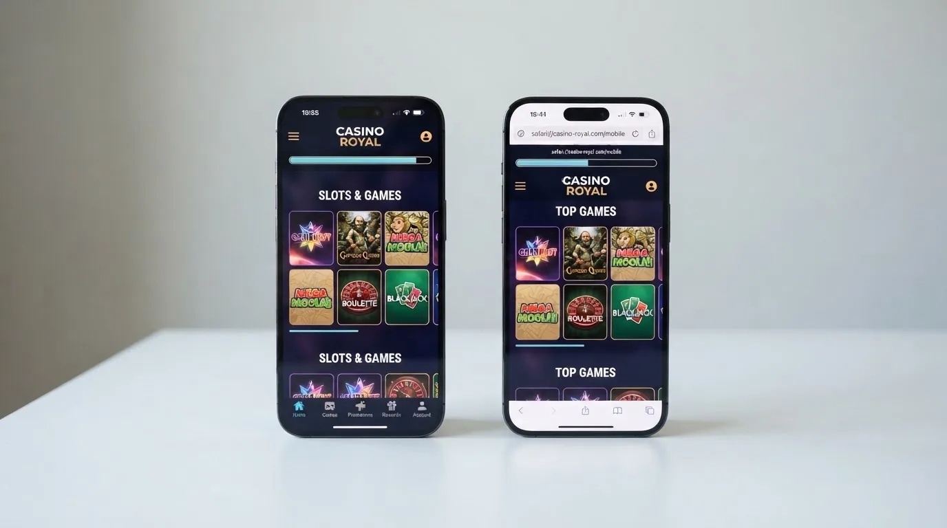 Dva mobilní telefony vedle sebe — levý s otevřenou nativní casino aplikací, pravý s mobilním webem ve stejném rozhraní