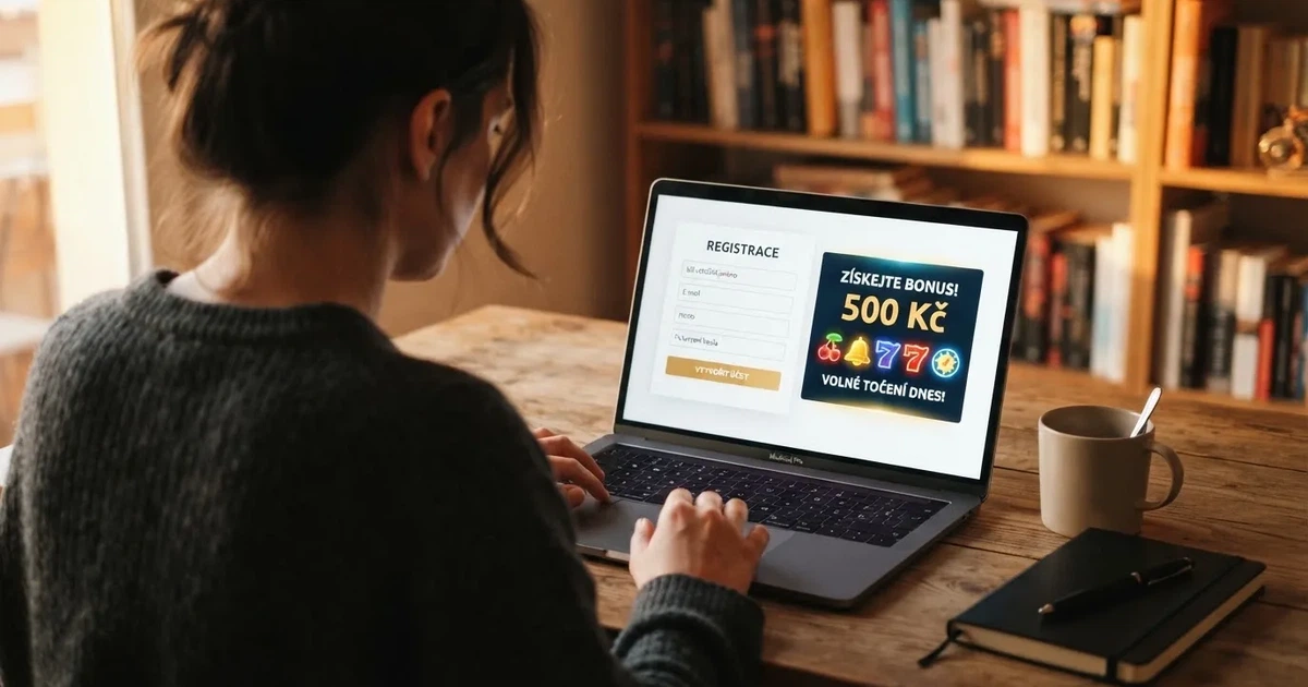 Hráč prohlíží nabídku casino bonusů bez vkladu na displeji notebooku, na obrazovce je vidět registrační formulář a nabídka volných otoček