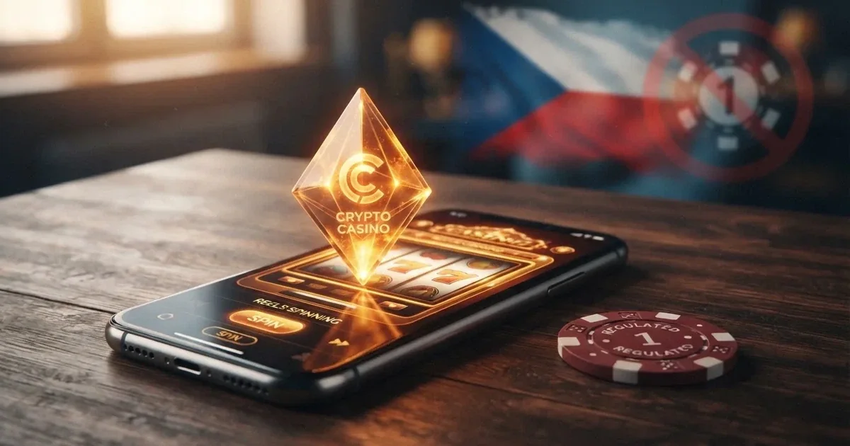 Ethereum logo na displeji telefonu vedle karetních symbolů, na pozadí česká vlajka a symbol zákazu