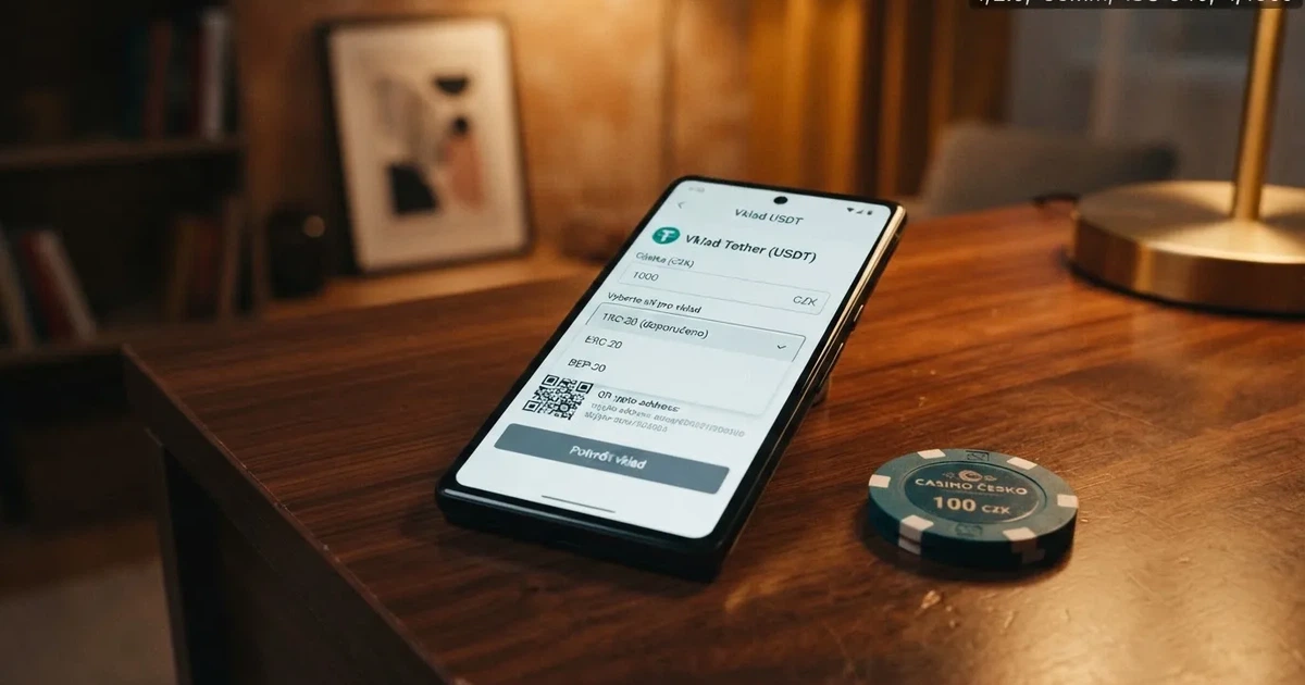 Rozhraní online kasina s logem Tetheru a ukázkou vkladové stránky s výběrem USDT sítě