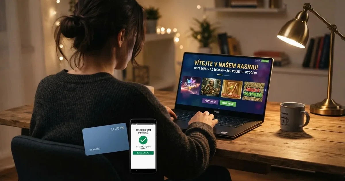 Hráč u počítače si prohlíží nabídku casino bonusu bez vkladu na obrazovce, vedle leží občanský průkaz a mobil s otevřenou aplikací Bank iD