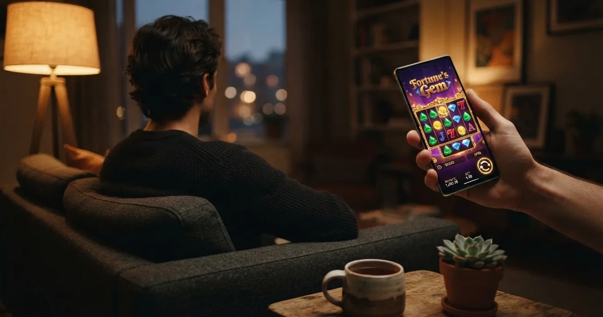 Hráč u mobilu s přehledem nových českých online kasin na obrazovce