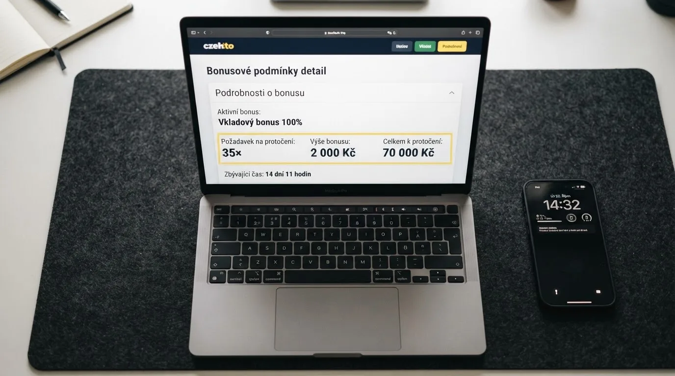 Detail podmínek bonusu na obrazovce — zvýrazněný řádek s násobkem protočení, částkou bonusu a výsledným obratem k prosázení
