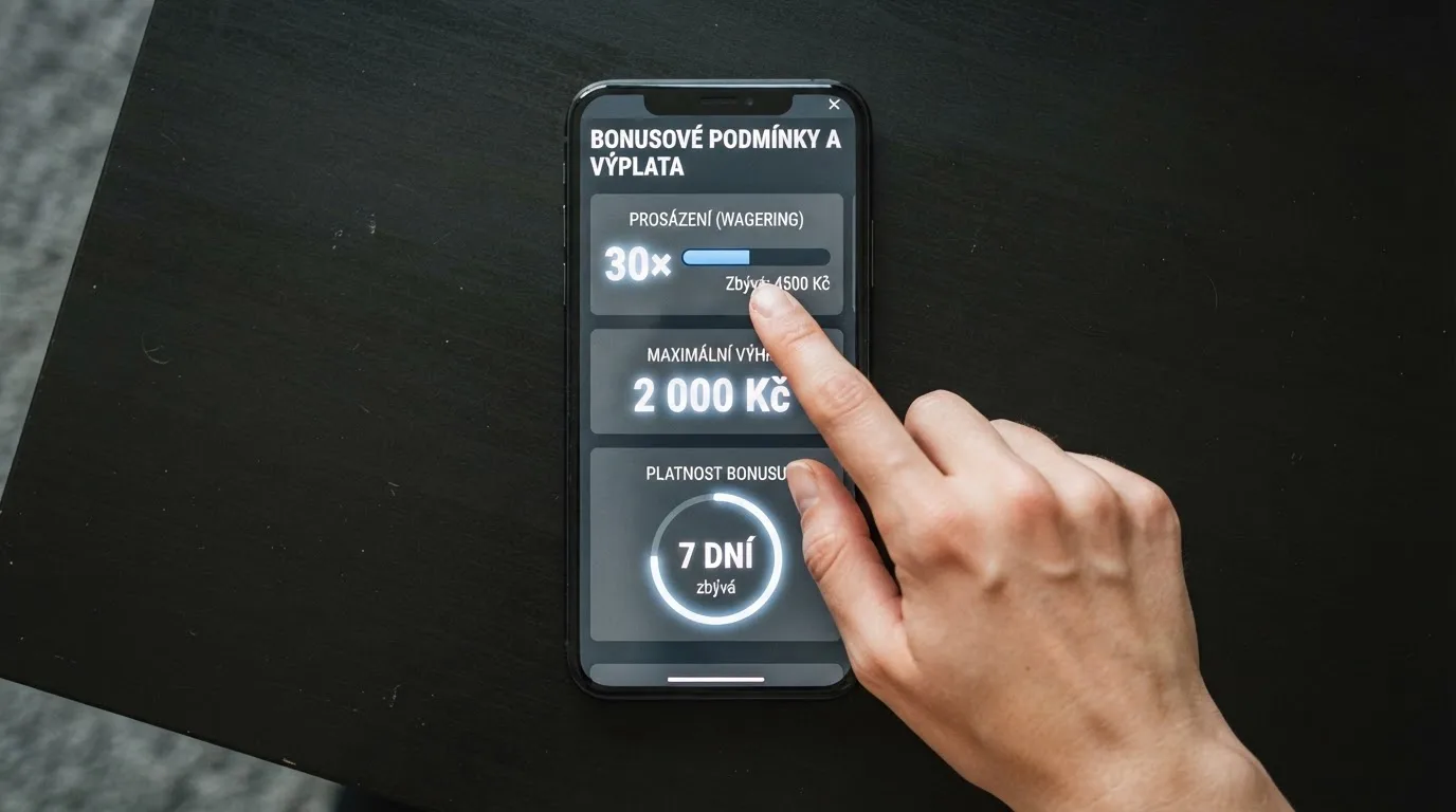 Detail bonusových podmínek na displeji — zvýrazněné číslo 30× wagering, vedle cifra maximální výhry 2 000 Kč a odpočet 7 dní