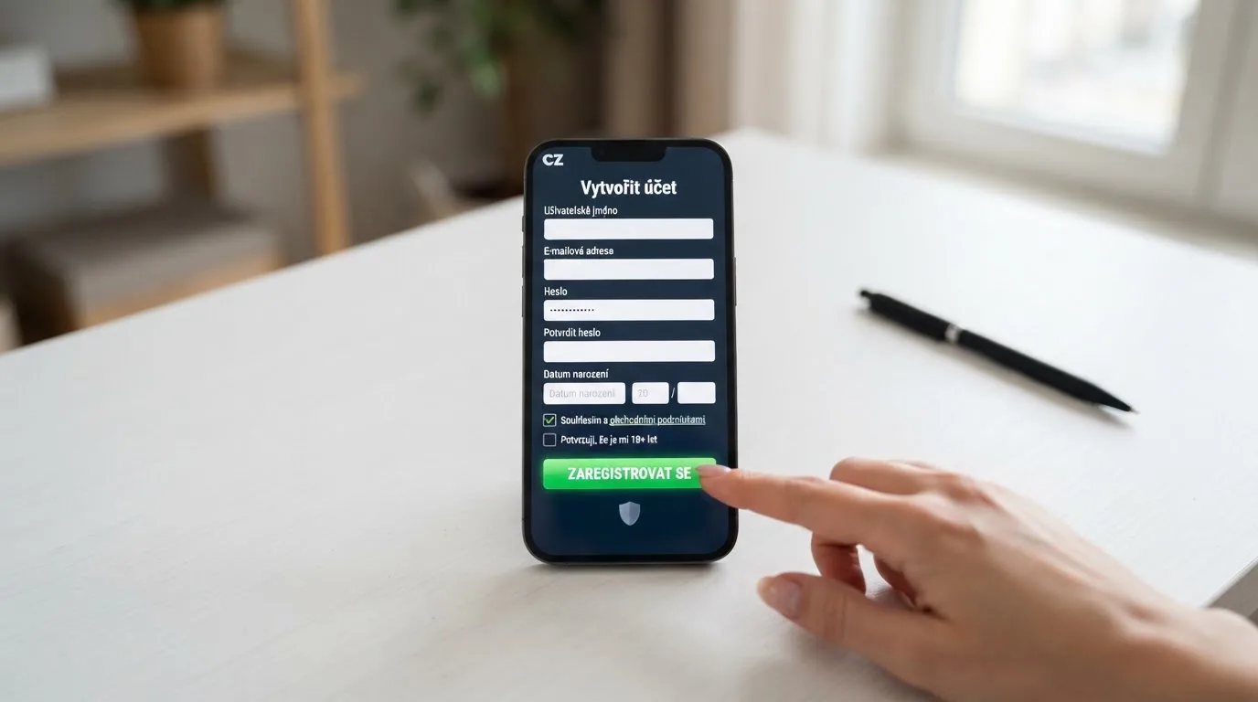 Chytrý telefon zobrazující registrační formulář online casina s tlačítkem pro ověření totožnosti přes Bank iD