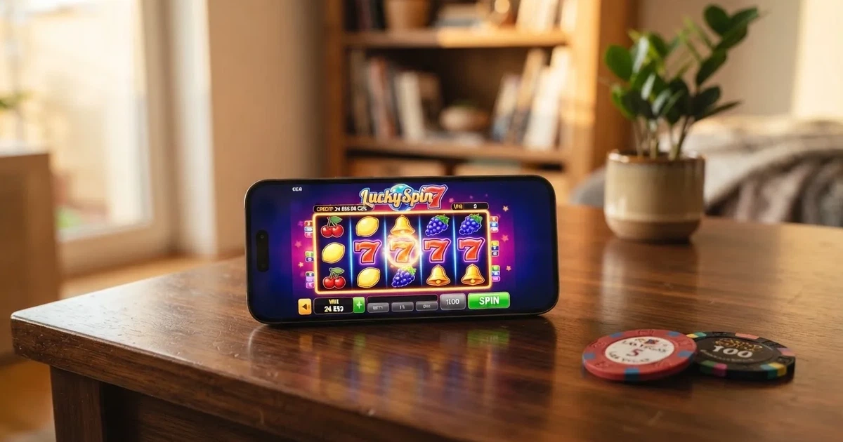 Mobilní telefon s otevřenou casino aplikací, na displeji výherní automat, vedle něj ikony českých kasin