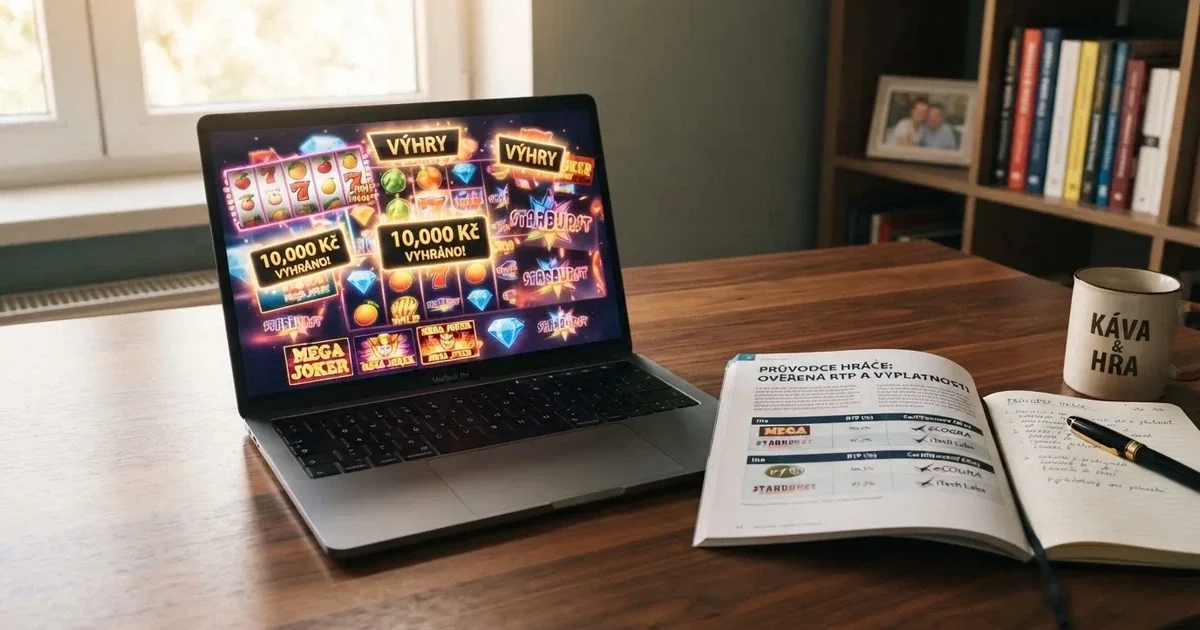 Koláž online výherních automatů s nejvyšší návratností na obrazovce notebooku vedle symbolu české licence MF ČR