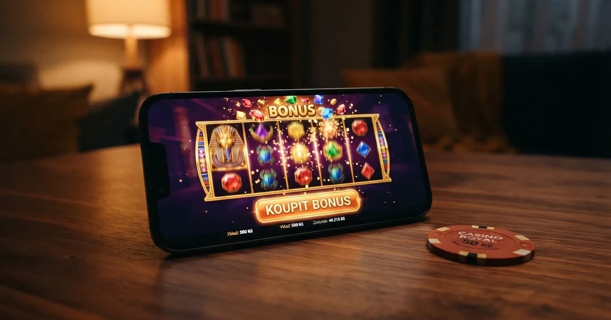 Rozhraní výherního automatu s aktivním tlačítkem „koupit bonus“ na obrazovce online kasina
