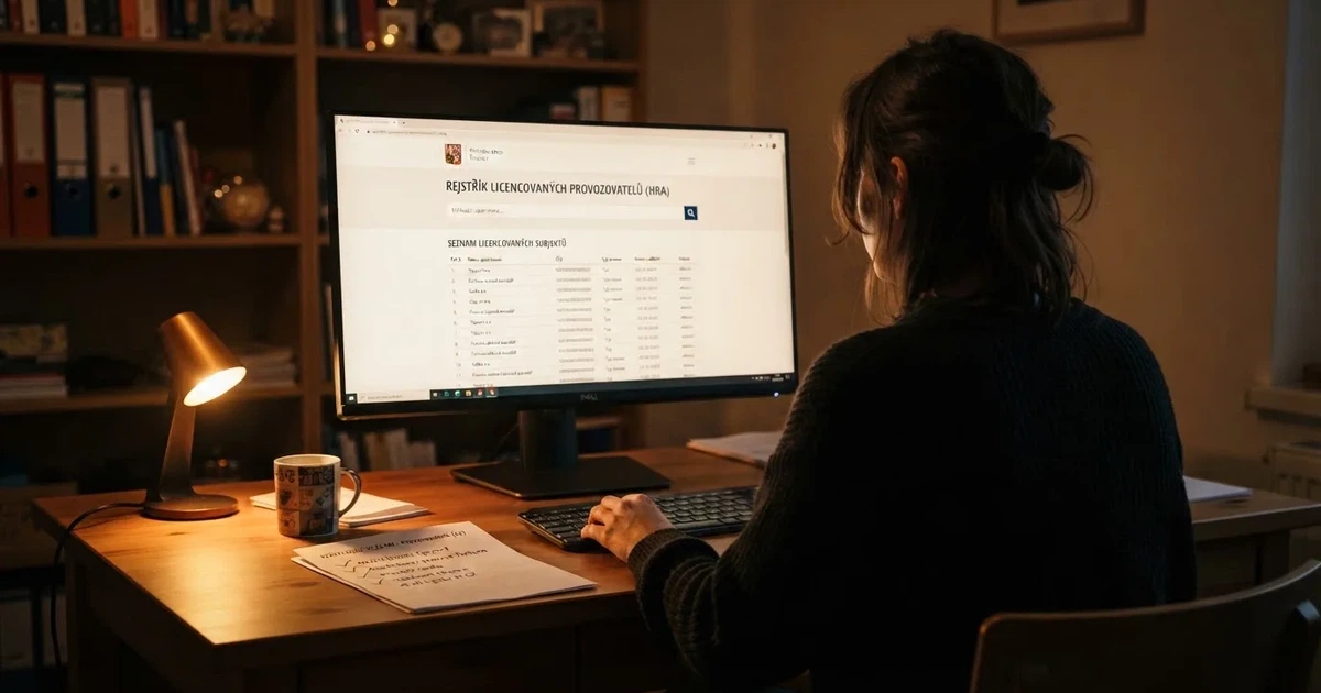 Hráč u monitoru kontroluje licenci online casina na stránkách Ministerstva financí ČR, vedle otevřený registr provozovatelů hazardních her