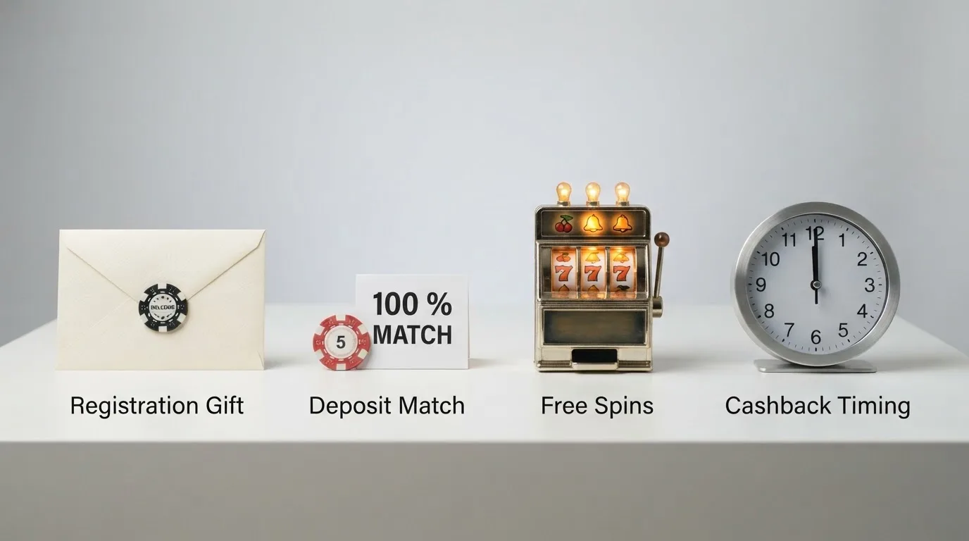 Ilustrace čtyř typů bonusů vedle sebe — obálka s registračním bonusem, ruka vkládající mince s nápisem 100 %, točící se automat s free spiny, a hodiny u cashbacku