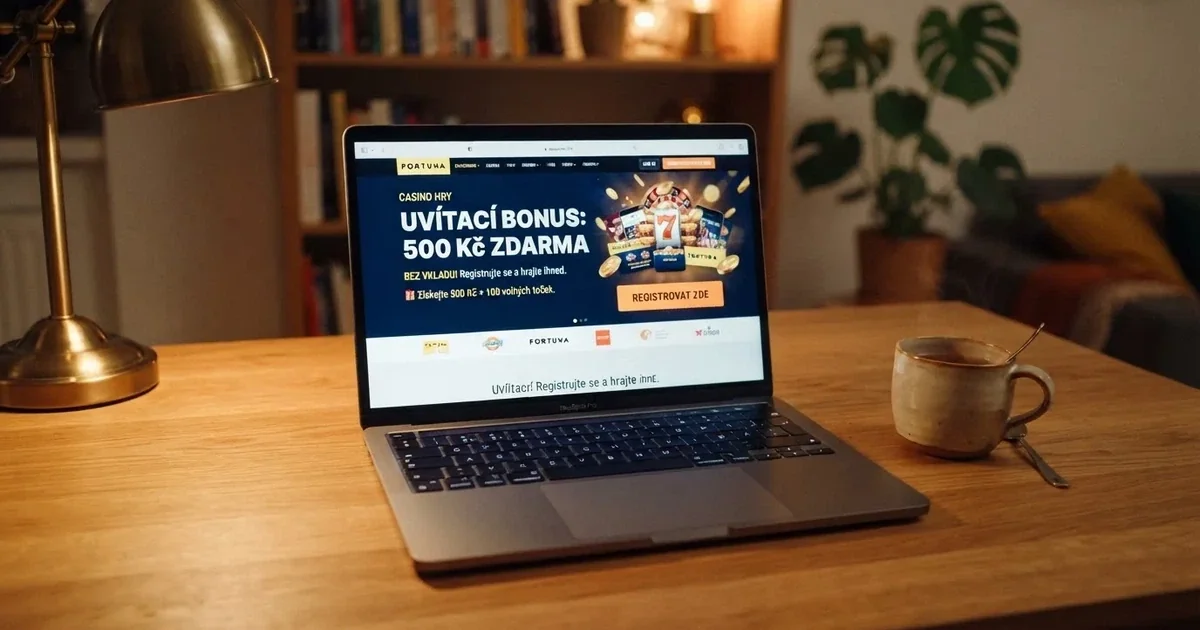 Otevřený notebook na stole, na obrazovce uvítací stránka online casina s nabídkou bonusu bez vkladu a tlačítkem registrace